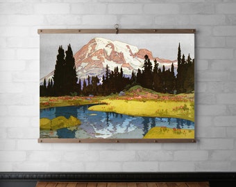 Mountain Landscape Tapestry | Wood Poster Hanger | Canvas Print | Walnut and White Oak Wood with Brass | Wall Hanging | Ready to Hang Gift