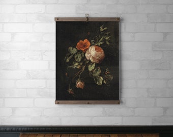 Still Life with Roses Wall Hanging, Canvas Print Tapestry, Wood Poster Hanger, Walnut or White Oak, Brass Hardware, Living Room Art GIft