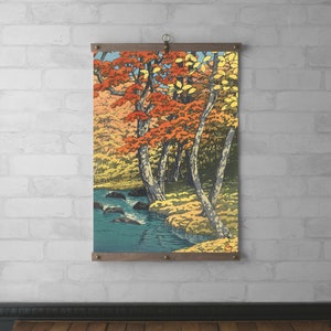 Autumn Trees Wall Hanging, Fall Canvas Print, Raw Wood Hanger, Walnut or White Oak with Brass Hardware, Eco Friendly Art Gift, Burnt Orange
