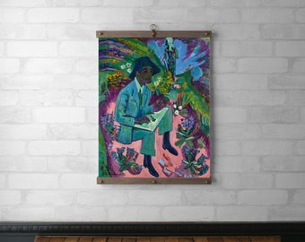 Portrait in Landscape Tapestry | Wall Hanging | Wood Hanging Frame | Canvas Print | Walnut or White Oak Wood | Brass Hardware | Art Gift