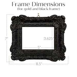 Ornate frame showing dimension of 8.5 inches wide and 7 inches tall. Inner window measures 5 inches wide by 3.625 inches tall.