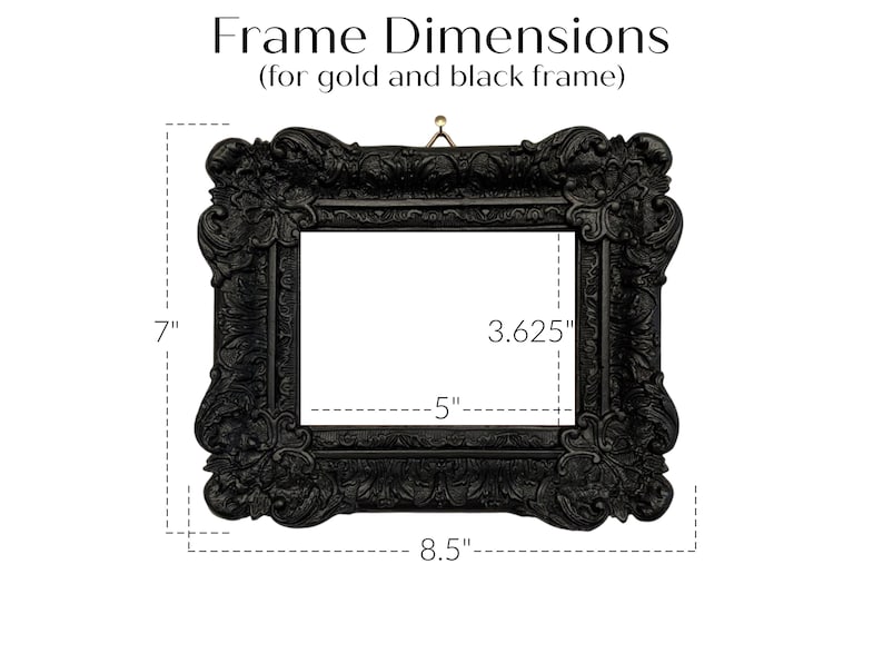 Ornate frame showing dimension of 8.5 inches wide and 7 inches tall. Inner window measures 5 inches wide by 3.625 inches tall.