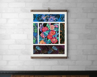 Vintage Floral Framed Tapestry Wall Hanging | Wood Hanging Frame | Canvas Print | Walnut or White Oak Brass Hardware | Plate 9 Benedictus