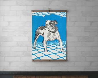 Bulldog Tapestry Wall Hanging | Wood Hanging Frame | Canvas Print | Walnut or White Oak w/ Brass Hardware | Framed Art | Dog Lovers Gift