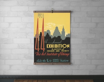 WPA Chicago Art Exhibit Poster Wall Hanging, Canvas Print, Wood Poster Hanger, Real Walnut or White Oak Wood Frame, Brass Hardware, Art Gift