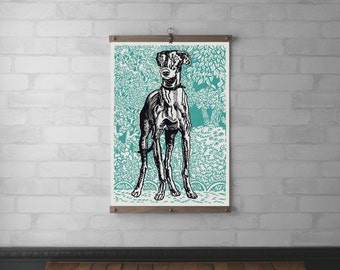 Greyhound Tapestry Wall Hanging | Wood Hanging Frame | Canvas Print | Walnut or White Oak w/ Brass Hardware | Framed Art | Dog Lovers Gift