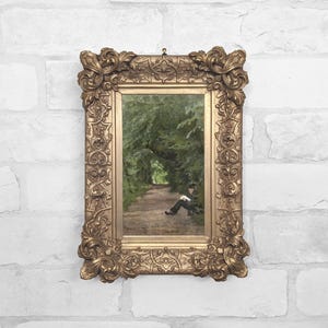 Gold Frame Wall Art | Antique Oil Painting Reproduction | Framed Canvas Print | Book lover wall art | No. 81- Reading Man in a Forest Lane