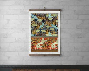 Art Nouveau Vintage Framed Art | Wood Hanging Frame | Canvas Print | Walnut or White Oak | Brass hardware | Horses & Kingfishers | Verneuil