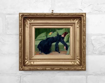 Victorian Woman Miniature Antique Oil Painting Print in Plaster Relief Frame - No. 88