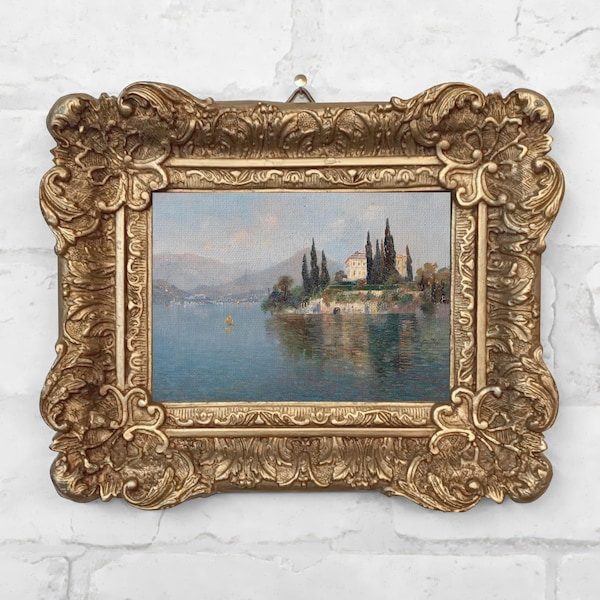 Antique Italian Landscape: Miniature Antique Oil Painting Print in Plaster Relief Frame  - No. 124
