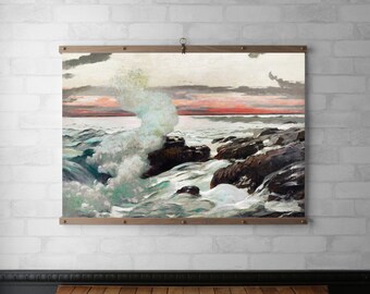 Vintage Landscape Tapestry Wall Hanging | Framed Canvas Print | Walnut Wood Hanging Frame | Walnut or White Oak  | Stormy Sea At Sunset