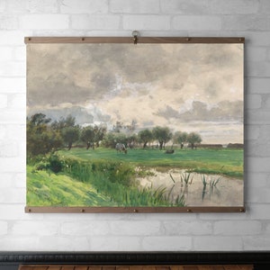 Vintage Landscape Framed Tapestry | Wall Hanging | Wood Hanging Frame | Framed Canvas Print | Walnut or White Oak | Brass Hardware | Meadow