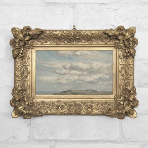 Antique Coastal Clouds Miniature Oil Painting Print in Handmade Plaster Relief Frame - No. 5