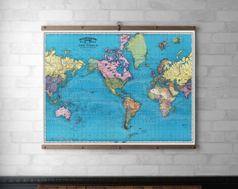 World Map 1897 Wall Hanging Tapestry, Canvas Print, Wood Poster Hanger, Walnut or White Oak with Solid Brass Hardware, Eco-Friendly Art Gift