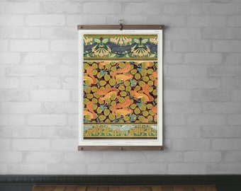 Art Nouveau Vintage Framed Art | Wood Hanging Frame | Canvas Print | Walnut or White Oak | Brass hardware | Squirrels & Birds | Verneuil