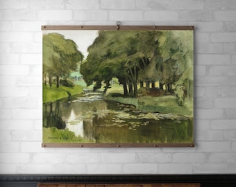 Vintage Landscape Tapestry | Wall Hanging | Wood Hanging Frame | Framed Canvas Print | Walnut or White Oak | Brass Hardware | Stream & Trees