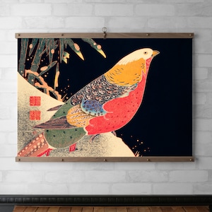 Japanese Bird Wall Hanging Tapestry | Wood Poster Hanger Frame | Canvas Print | Walnut or White Oak | Brass Hardware | Bold Bright Colors