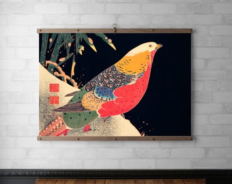 Japanese Bird Wall Hanging Tapestry | Wood Poster Hanger Frame | Canvas Print | Walnut or White Oak | Brass Hardware | Bold Bright Colors