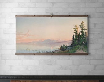 Sunset Lake Tapestry Wall Hanging | Canvas Print | Wood Poster Hanger | Walnut or White Oak & Brass Hardware | California Views Lake Tahoe