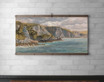 Coastline Landscape | Tapestry Wall Hanging | Framed Canvas Print | Wood Hanging Frame | Walnut or White Oak with Brass  | Pwll Cwn Wales