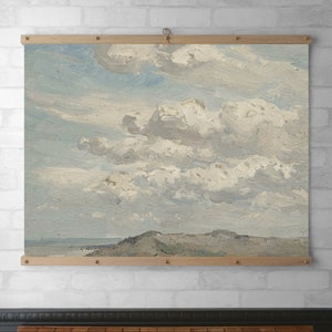 Coastal Landscape Wall Hanging | Wood Poster Hanger | Canvas Print | Walnut or White Oak | Vintage Oil Painting | Clouds, Dunes & the Sea