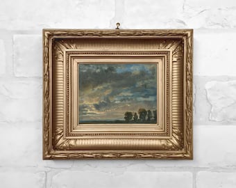 Moody Evening Sky Miniature Antique Oil Painting Print in Plaster Relief Frame  - No. 78