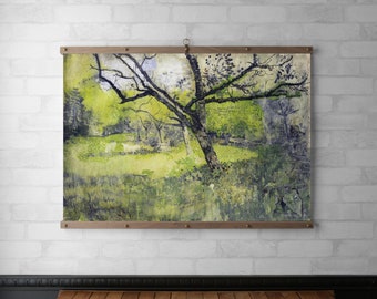 Orchard at Eemnes Wall Hanging, Wood Poster Hanger, Canvas Print with Brass Hardware, Walnut and White Oak, Eco Friendly Gift, Ready to Hang