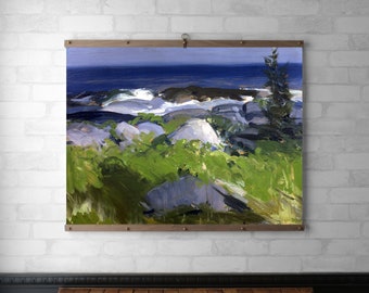 Vine Clad Shore Landscape Tapestry Wall Hanging | Wood Poster Hanger | Canvas Print | Walnut or White Oak | Brass Hardware | Oil Painting