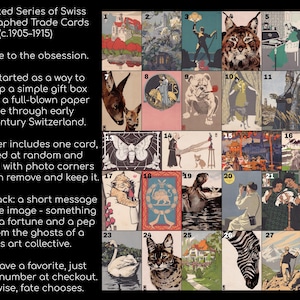 Op de afbeelding: Een verzameling Zwitserse lithografische ruilkaarten uit 1905-1915, met diverse illustraties. De kaarten bevatten afbeeldingen van dieren, mensen en landschappen. Elke bestelling bevat een willekeurig geselecteerde kaart.