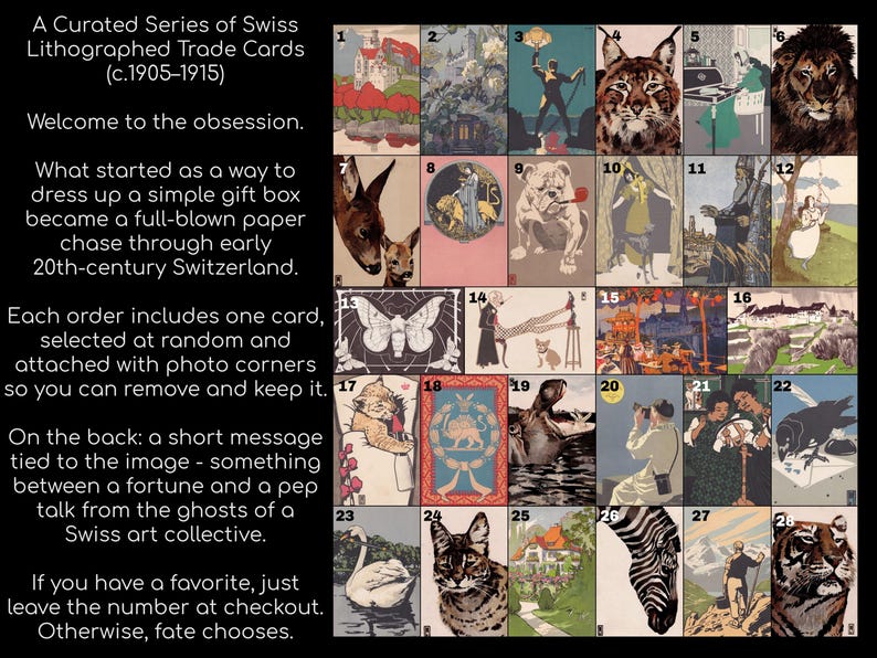 Op de afbeelding: Een verzameling Zwitserse lithografische ruilkaarten uit 1905-1915, met diverse illustraties. De kaarten bevatten afbeeldingen van dieren, mensen en landschappen. Elke bestelling bevat een willekeurig geselecteerde kaart.