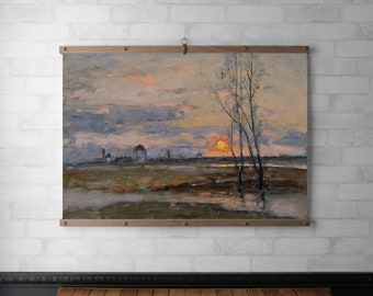 Wall Art Vintage Summer Landscape Oil Painting | Tapestry Wall Hanging | Wood Hanging Frame | Canvas Print | Walnut or White Oak with Brass
