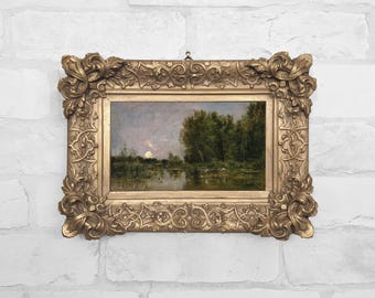 Vintage landschap Moonrise: ingelijste antieke Franse olieverfschilderij, nr. 79