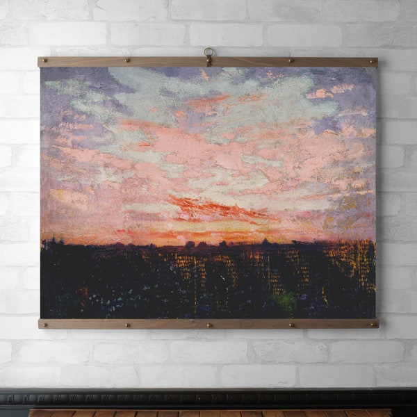 Vintage Landscape Tapestry Wall Hanging | Wood Hanging Frame | Canvas Print | Walnut or White Oak with Brass Hardware | Sunrise or Sunset