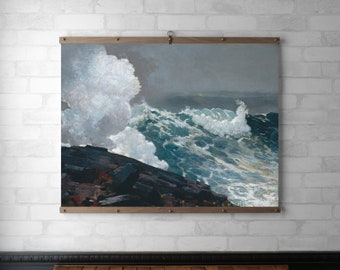 Wall Art Northeaster Sea Tapestry Wall Hanging | Raw Wood Poster Hanger | Canvas Print | Walnut or White Oak | Brass Hardware | Oil Painting