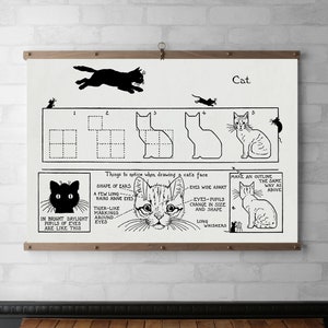 Cats How to Draw Wall Hanging, Wood Poster Hanger, Canvas Print, Walnut or White Oak with Brass Hardware, Framed Eco Friendly Cat Art Gift