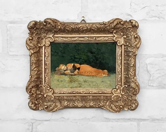 Victorian Reading Girl Miniature Antique Watercolor Painting Print in Plaster Relief Frame - No. 50
