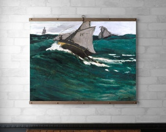 The Green Wave by Monet Tapestry Wall Hanging | Raw Wood Poster Hanger | Canvas Print | Walnut or White Oak | Brass Hardware | Oil Painting