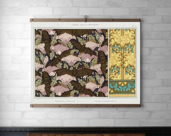 Art Nouveau Framed Canvas Print | Wood hanging Frame | Walnut or White Oak Poster Hanger | Brass Hardware | Bats & Butterflies | Verneuil