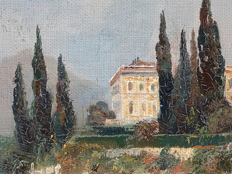 Close up of canvas print showing the villa surrounded by trees.