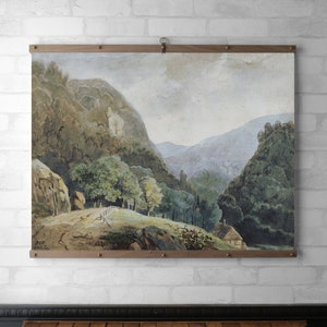 Vintage Landscape Tapestry | Wall Hanging | Wood Hanging Frame | Framed Canvas Print | Walnut or White Oak | Brass Hardware | Mountain House