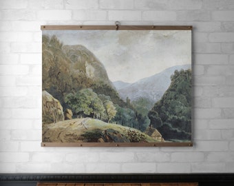 Vintage Landscape Tapestry | Wall Hanging | Wood Hanging Frame | Framed Canvas Print | Walnut or White Oak | Brass Hardware | Mountain House