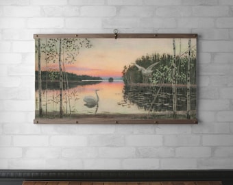 Swans at Sunset Landscape | Tapestry Wall Hanging | Framed Canvas Print | Wood Hanging Frame | Walnut or White Oak with Brass  | Wall Art