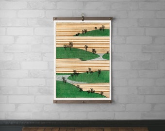 Landscape Print | Canvas Wall Hanging | Walnut or White Oak Frame | Raw Wood Hanging Frame | Brass Hardware | Watanabe Seitei | Art Gift