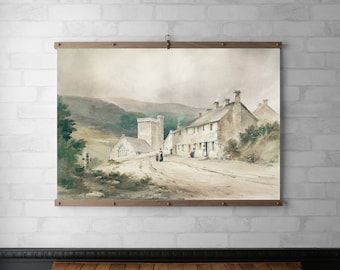 Vintage Landscape Tapestry Wall Hanging | Wood Hanging Frame | Canvas Print | Walnut or White Oak | Oil Painting | Cottage and Church