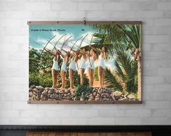 Vintage Postcard Wall Hanging | Wood Hanging Frame | Canvas Print | Walnut or White Oak with Solid Brass Hardware | Cupids of Miami Beach