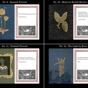 K&ouml;nnte beinhalten: Eine Sammlung von vier Kunstdrucken mit Zitaten und Illustrationen. Die Drucke umfassen ein spanisches Sprichwort mit floraler Kunst, ein Zitat von Bertolt Brecht mit einem Blattdesign, ein schottisches Sprichwort mit einem Portr&auml;t und ein Zitat von Rumi mit einer Engel-Illustration.