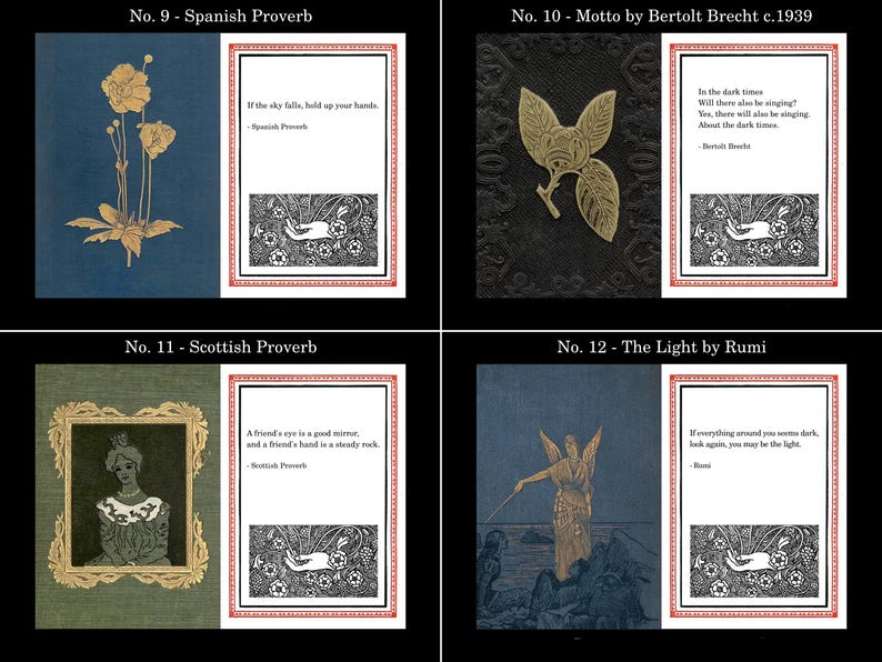 K&ouml;nnte beinhalten: Eine Sammlung von vier Kunstdrucken mit Zitaten und Illustrationen. Die Drucke umfassen ein spanisches Sprichwort mit floraler Kunst, ein Zitat von Bertolt Brecht mit einem Blattdesign, ein schottisches Sprichwort mit einem Portr&auml;t und ein Zitat von Rumi mit einer Engel-Illustration.