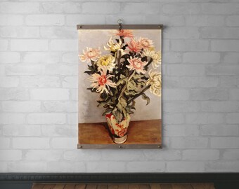 Chrysanthemum Framed Vintage Print, Wall Hanging, Raw Wood Poster Hanger, Canvas Print, Walnut or White Oak & Brass Hardware, Art Gift