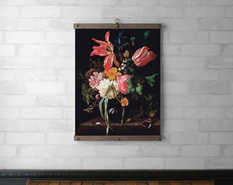 Flower Still Life Botanical Chart Wall Hanging, Wood Poster Hanger, Canvas Print, Walnut or White Oak & Brass Hardware, Living Room Art Gift