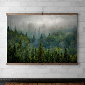 Misty Forest Vintage Photograph Framed Art, Raw Wood Poster Hanger, Canvas Print, Walnut or White Oak with Brass Hardware, Eco Friendly Gift